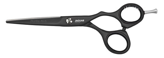 Hairdressing scissors with black handles.