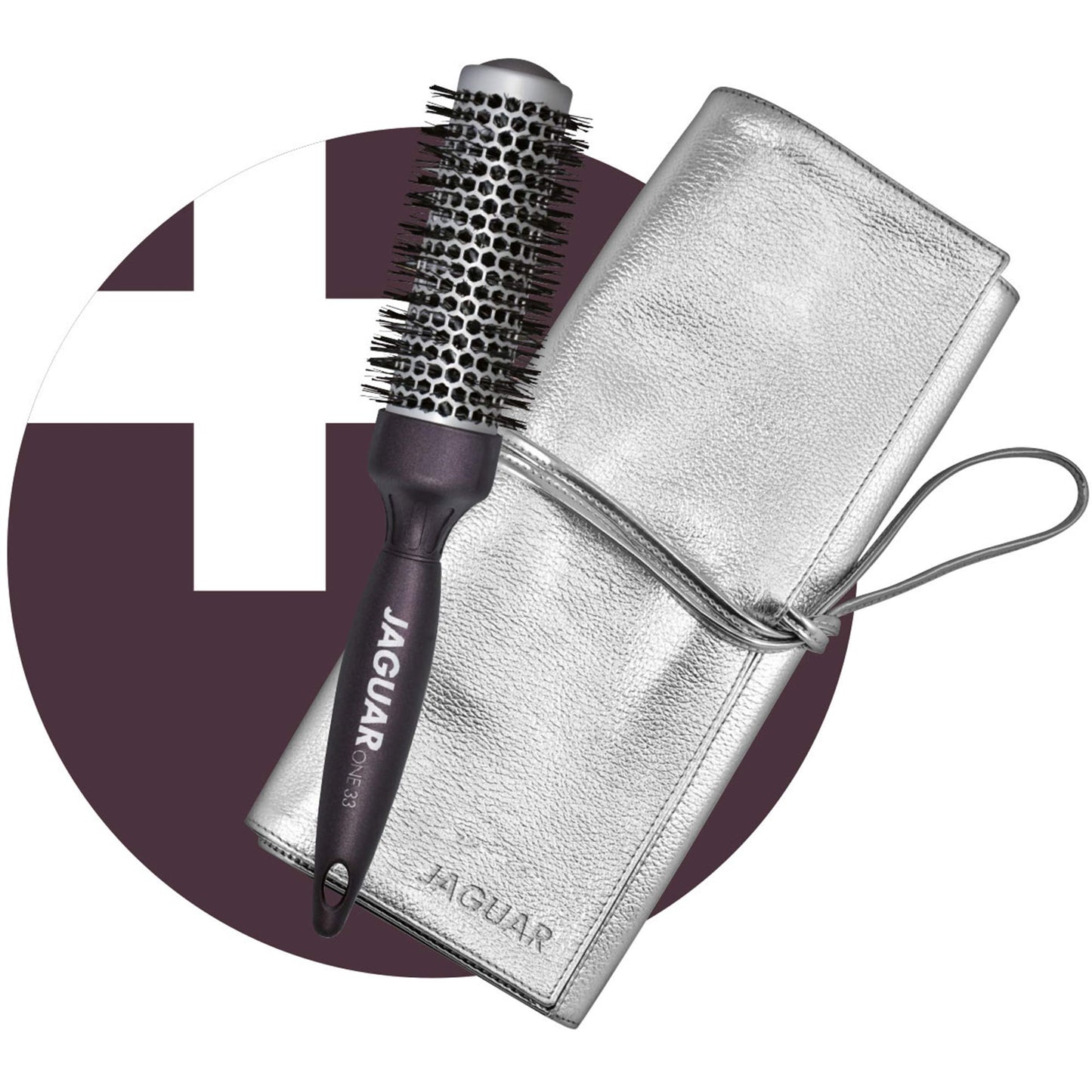 Ciseaux de coiffeur, brosse ronde, étui, accessoires.