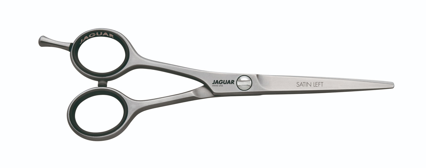 Hairdressing scissors with black handles.