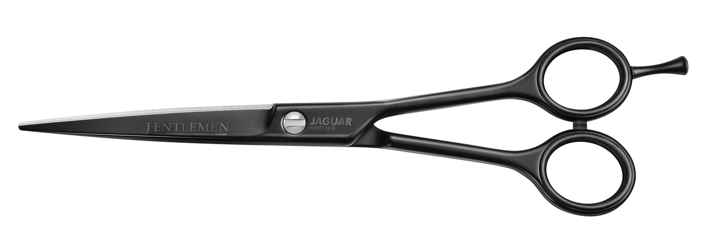 Hairdressing scissors with black handles.