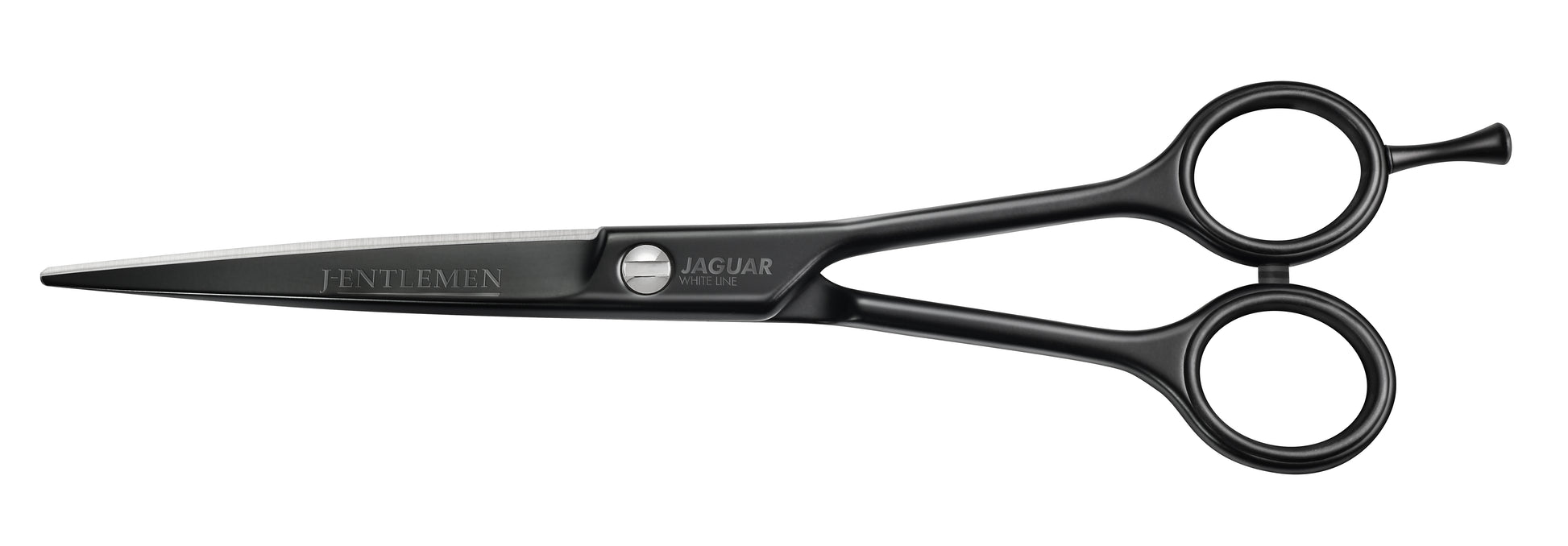 Hairdressing scissors with black handles.
