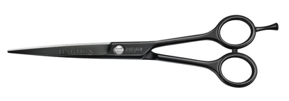 Hairdressing scissors with black handles.