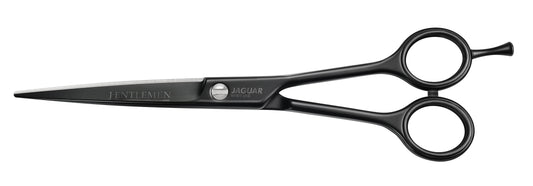 Hairdressing scissors with black handles.
