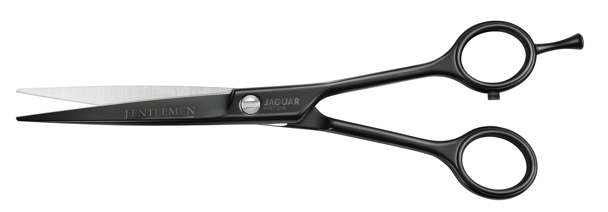 Hairdressing scissors with black handles.