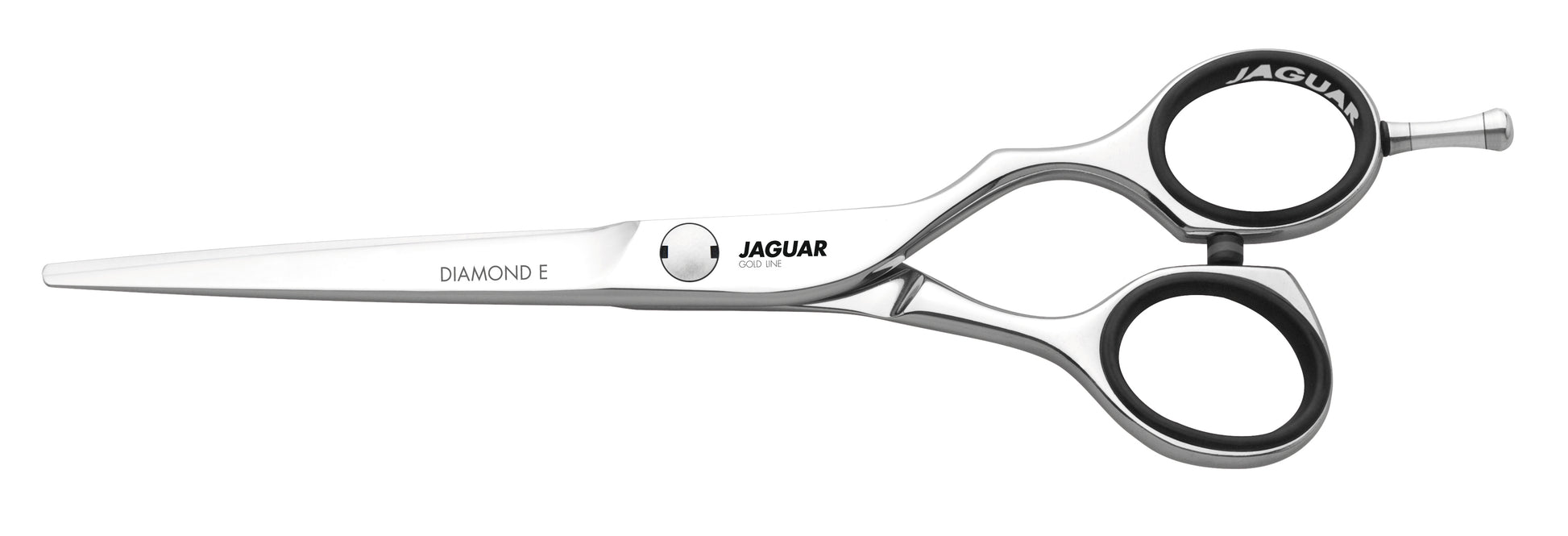 Hairdressing scissors with black handles.