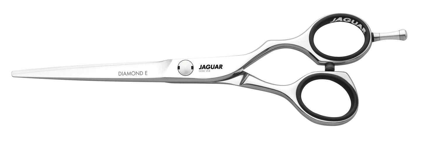 Hairdressing scissors with black handles.
