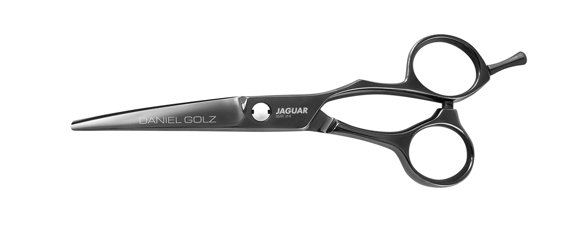 Hairdressing scissors with black handles.