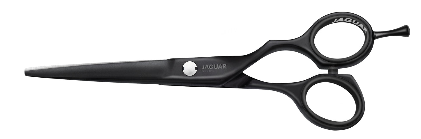 Black hairdressing scissors with finger hook.