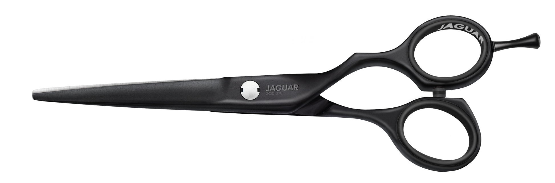 Black hairdressing scissors with finger hook.