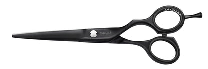 Black hairdressing scissors with finger hook.