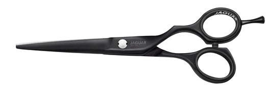 Black hairdressing scissors with finger hook.