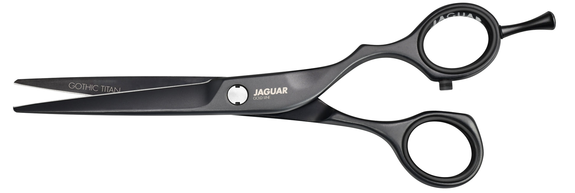 Black hairdressing scissors with finger hook.