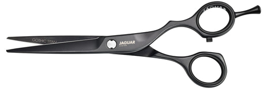 Black hairdressing scissors with finger hook.