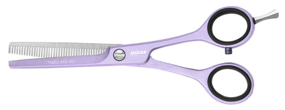Lavender-colored hairdressing scissors with offset.