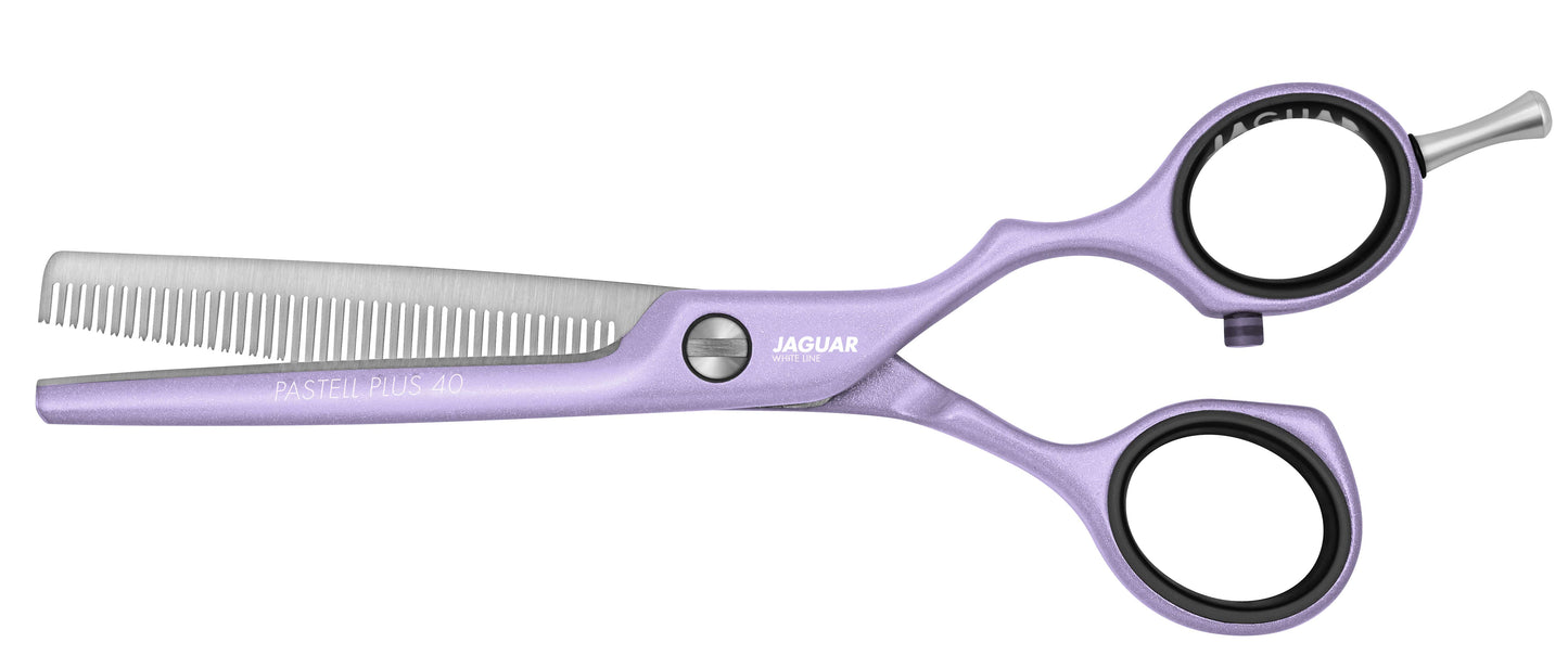 Lavender-colored hairdressing scissors with offset.