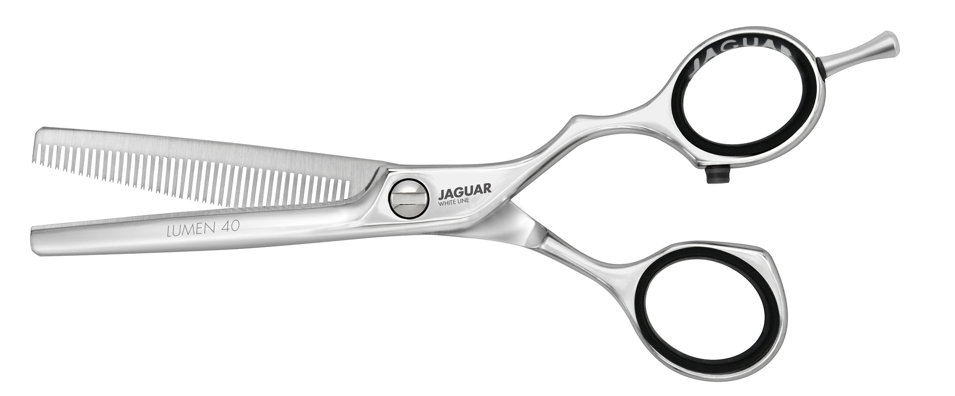 Hairdressing scissors with serrated blades.