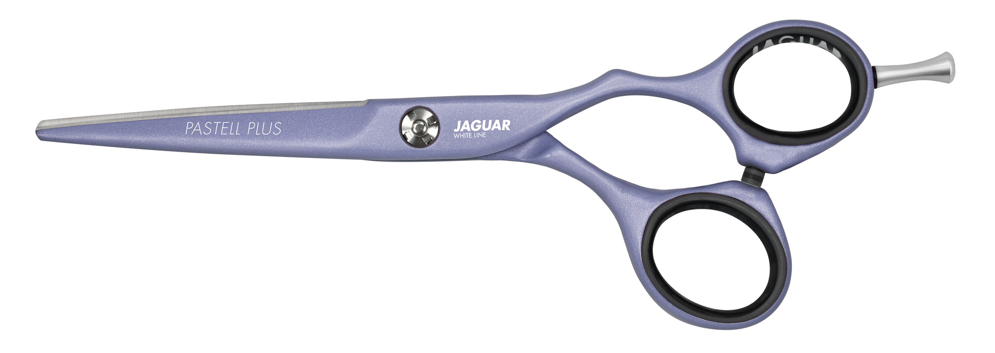 Lavender-colored hairdressing scissors with offset.