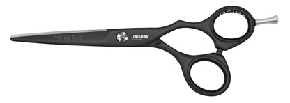 Hairdressing scissors with black handles.