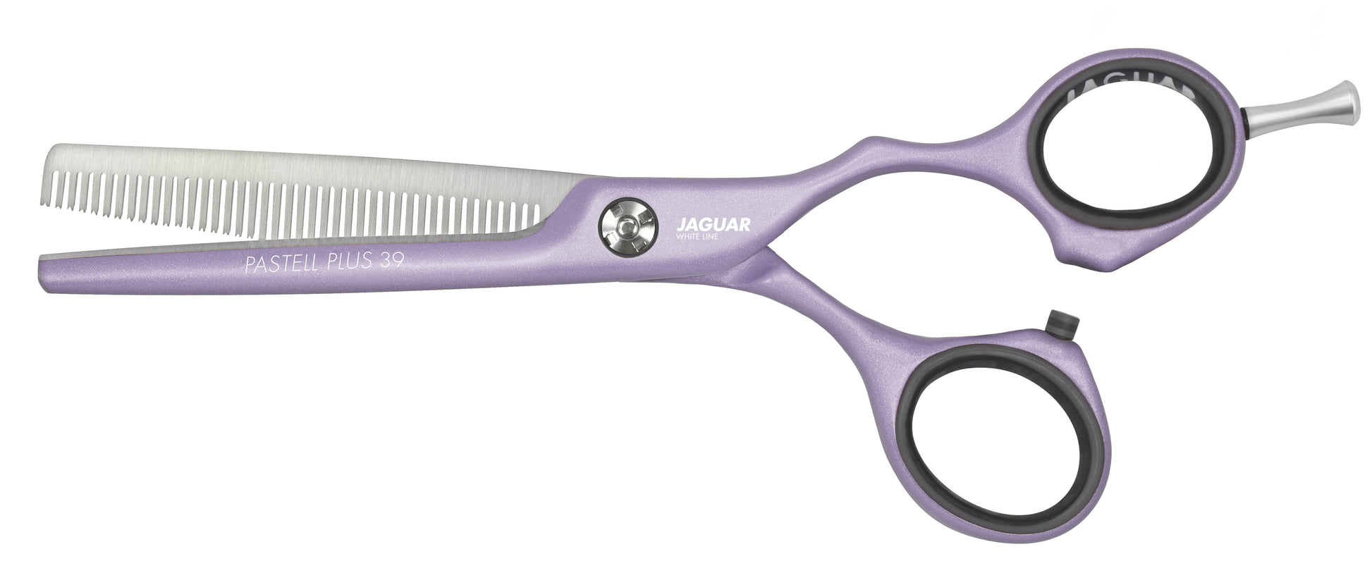 Lavender-colored hairdressing scissors with offset.