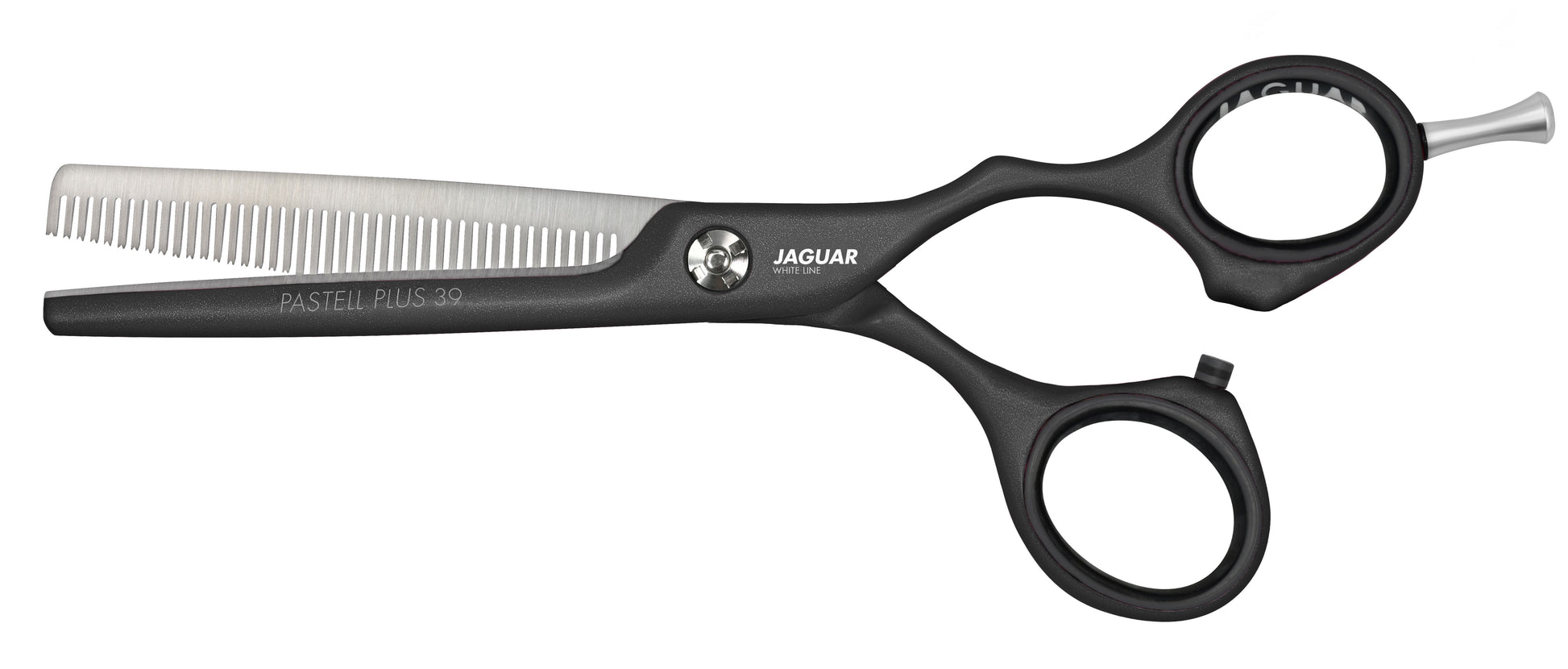 Hairdressing scissors with serrated blades.