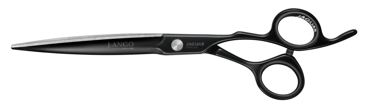 Black hairdressing scissors with an ergonomic design.