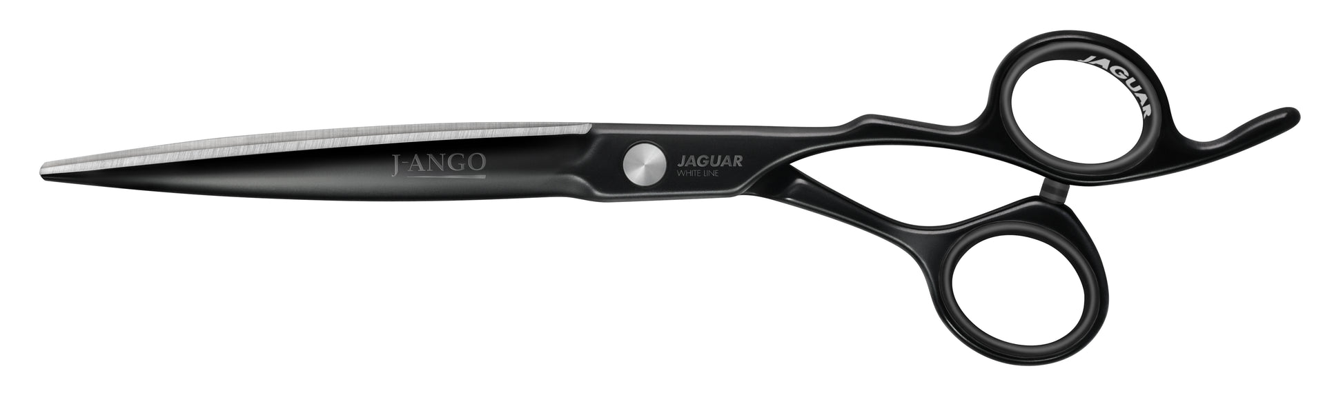 Black hairdressing scissors with an ergonomic design.