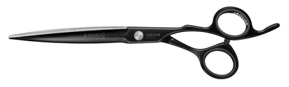 Black hairdressing scissors with an ergonomic design.