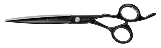 Black hairdressing scissors with an ergonomic design.