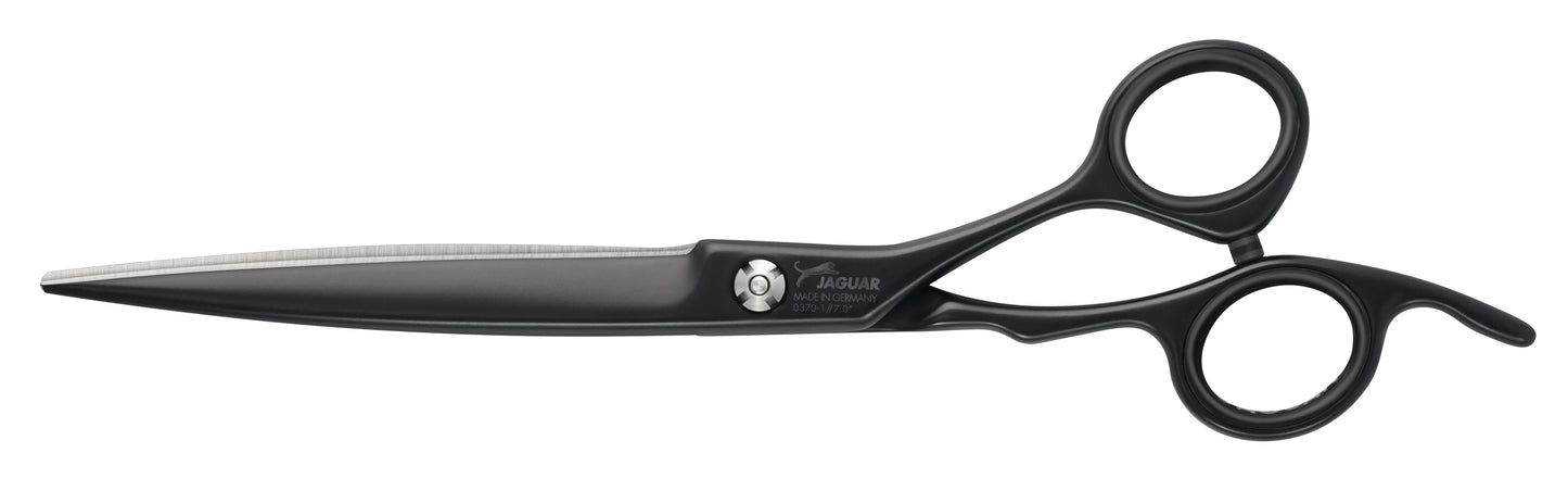 Black hairdressing scissors with an ergonomic design.