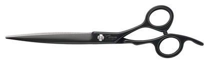 Black hairdressing scissors with an ergonomic design.