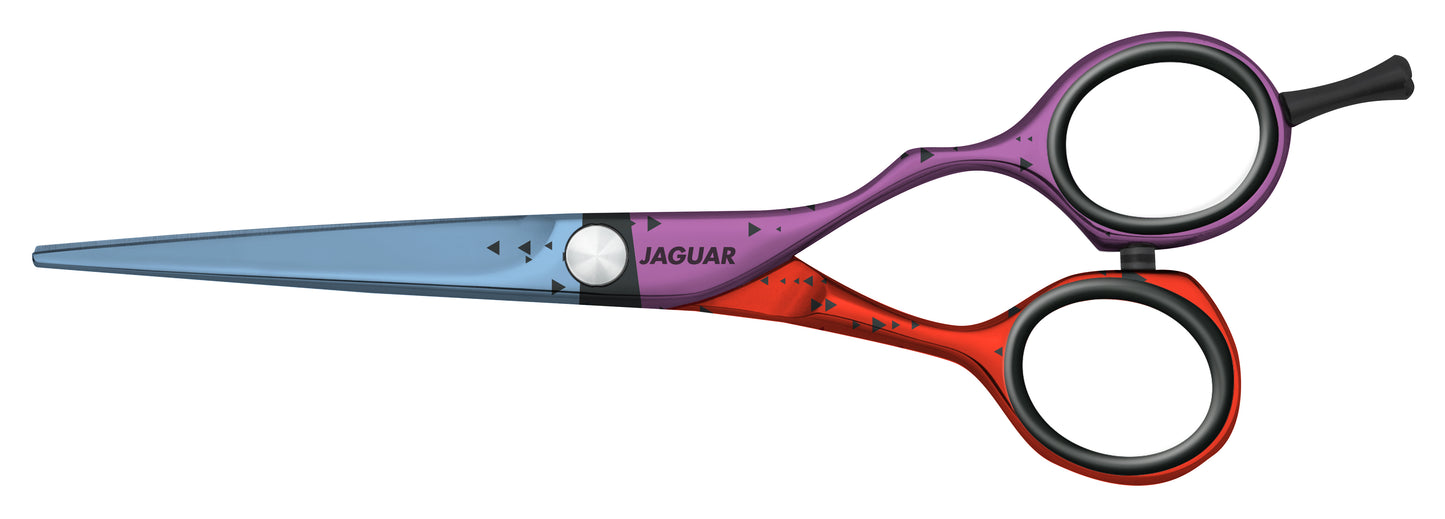 Colorful hairdressing scissors with an ergonomic design.