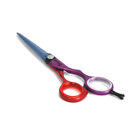 Colorful hairdressing scissors with an ergonomic design.