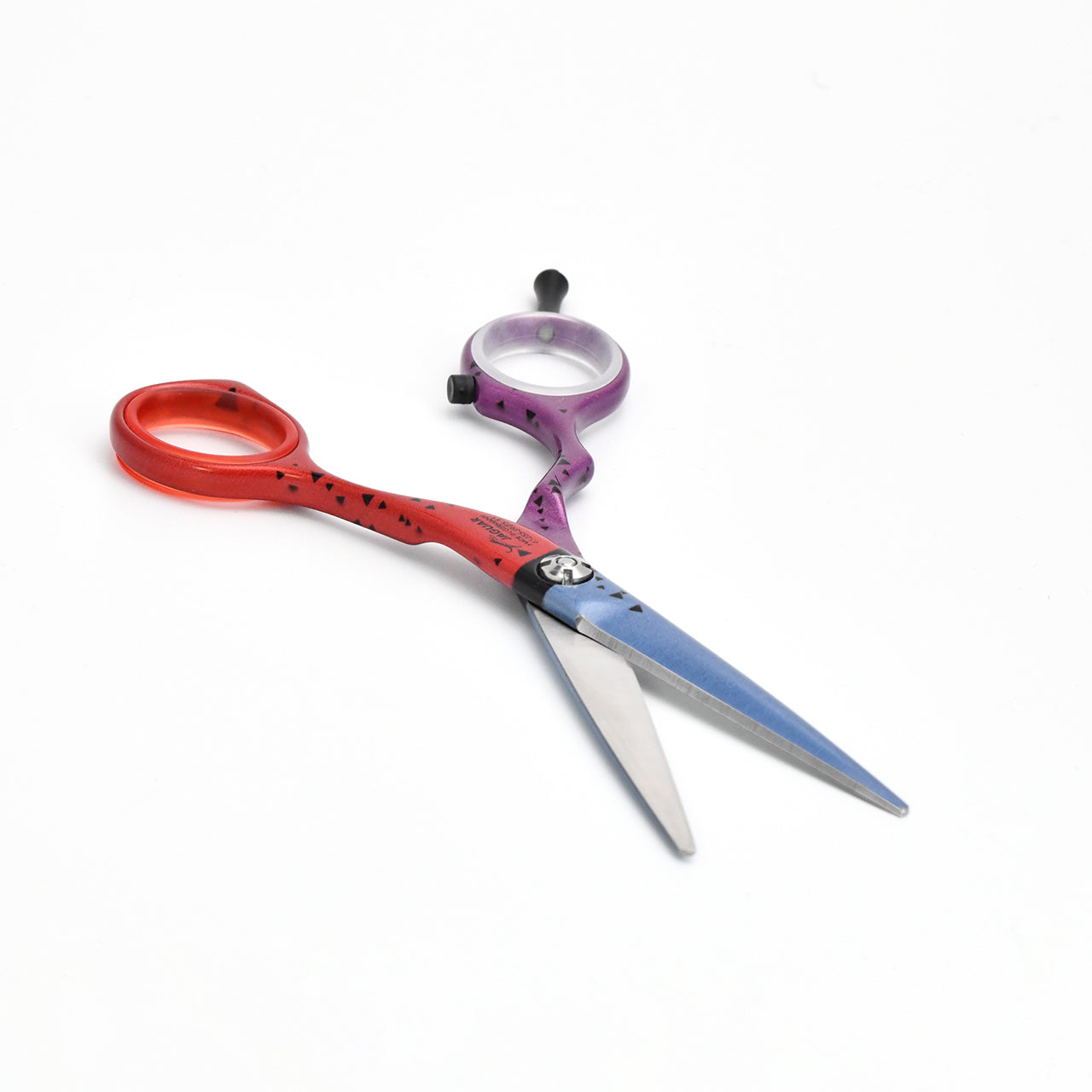 Colorful hairdressing scissors with an ergonomic design.