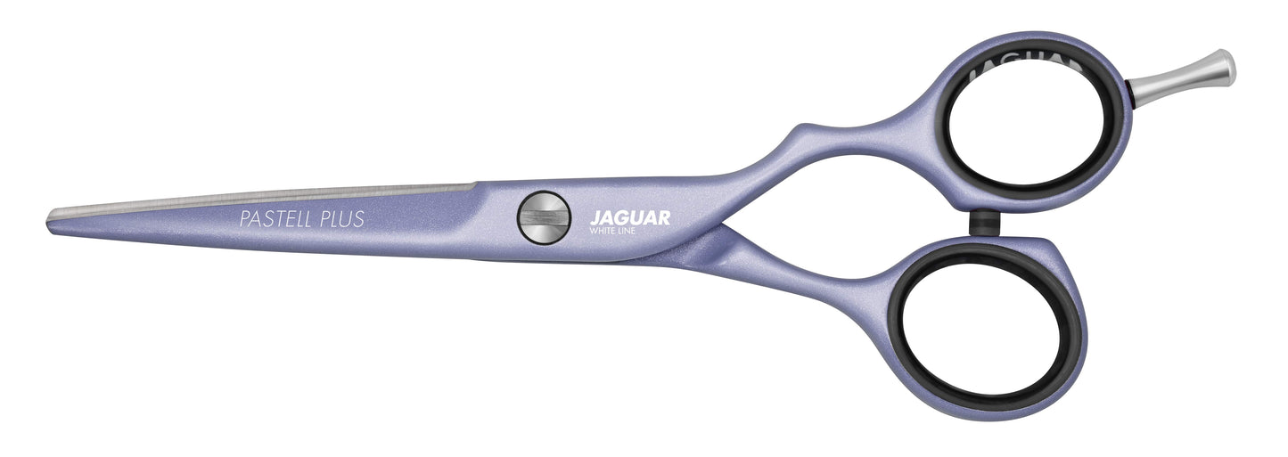 Lavender-colored hairdressing scissors with offset.