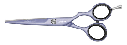 Lavender-colored hairdressing scissors with offset.