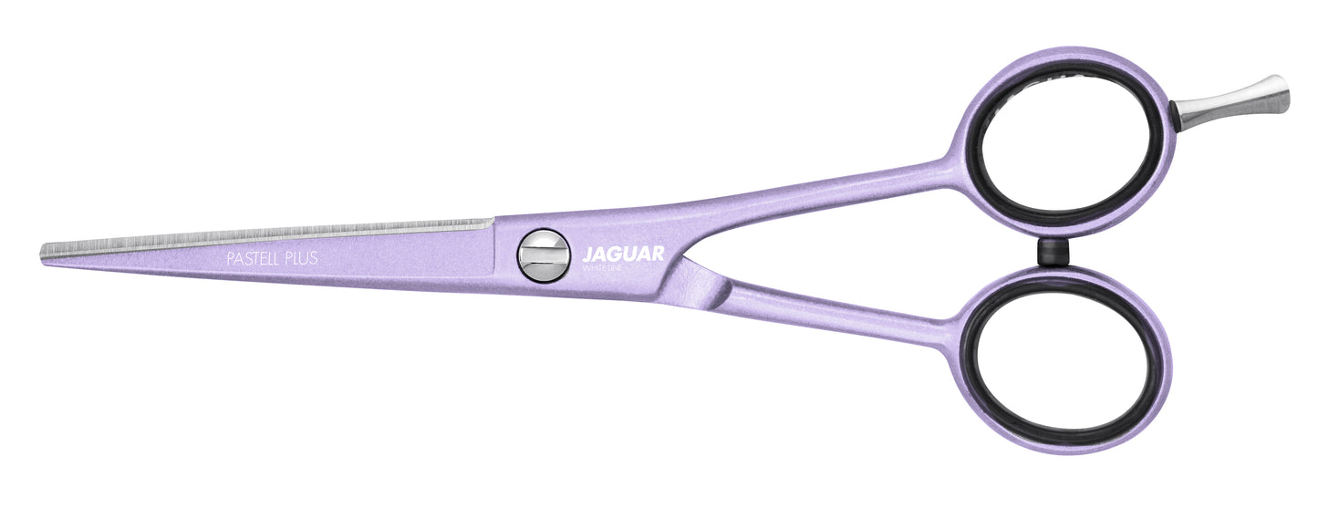 Lavender-colored hairdressing scissors with offset.