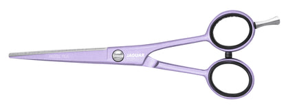 Lavender-colored hairdressing scissors with offset.