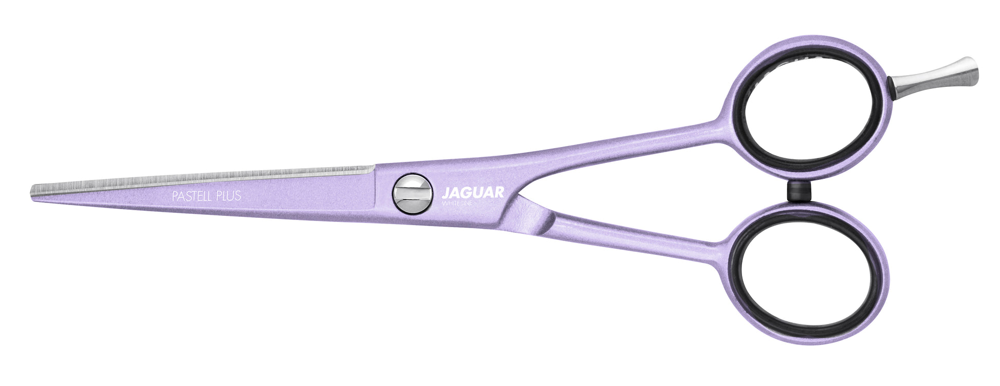 Lavender-colored hairdressing scissors with offset.