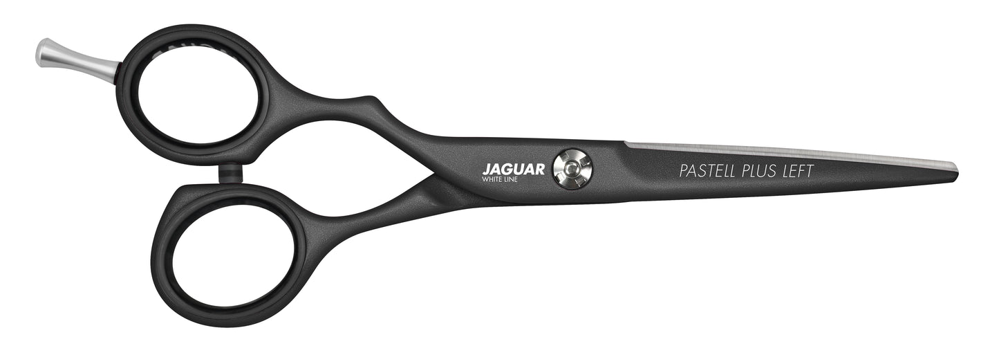 Hairdressing scissors with black handles.