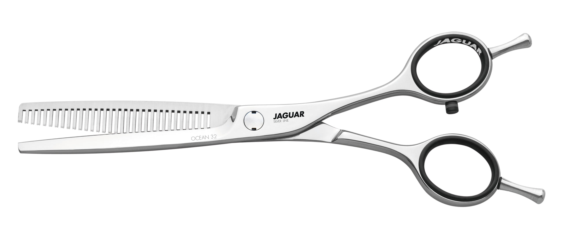 Hairdressing scissors with serrated blades.