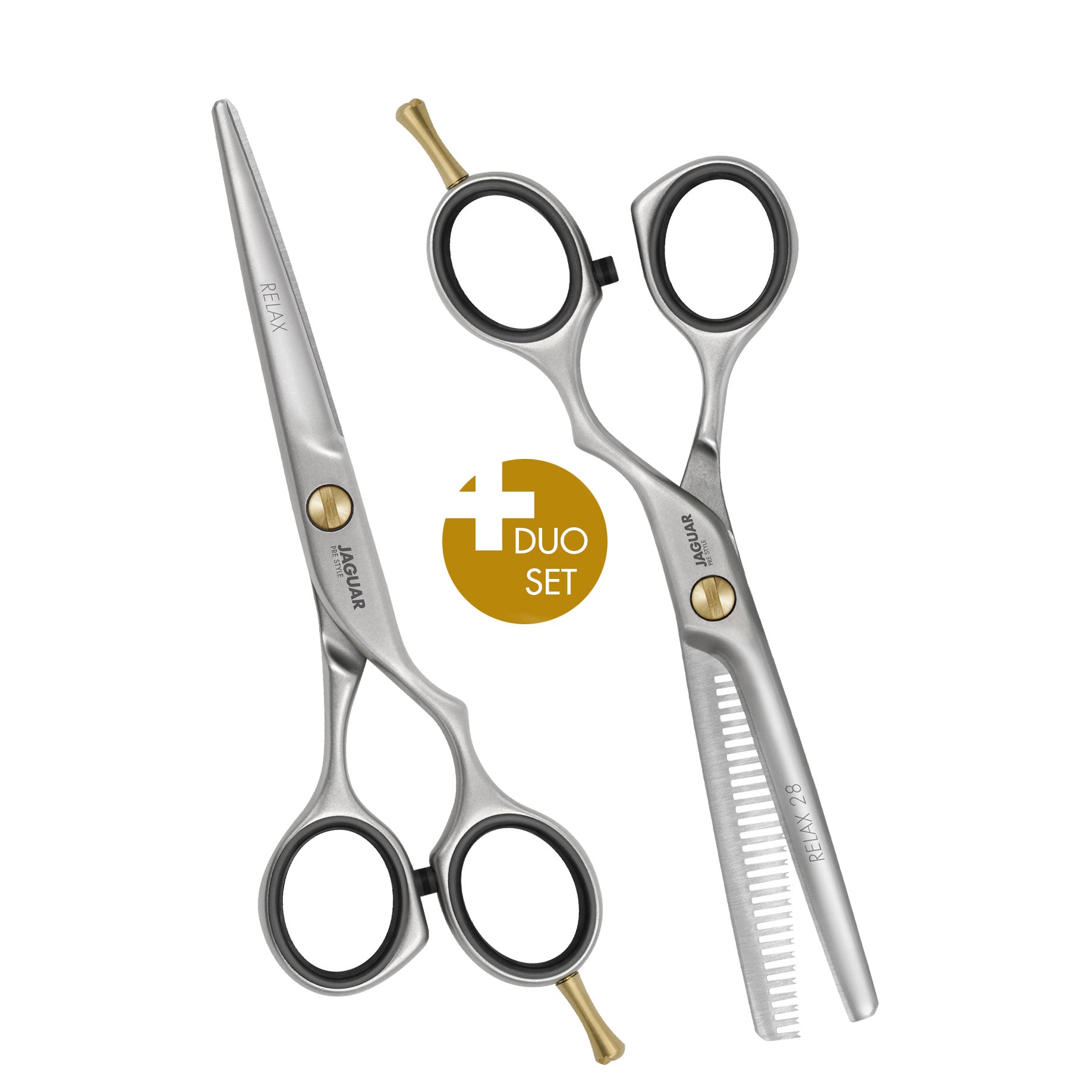 JAGUAR PRE STYLE RELAX Duo Set mit Haarschere und Modellierschere RELAX 28 auf weißem Hintergrund.