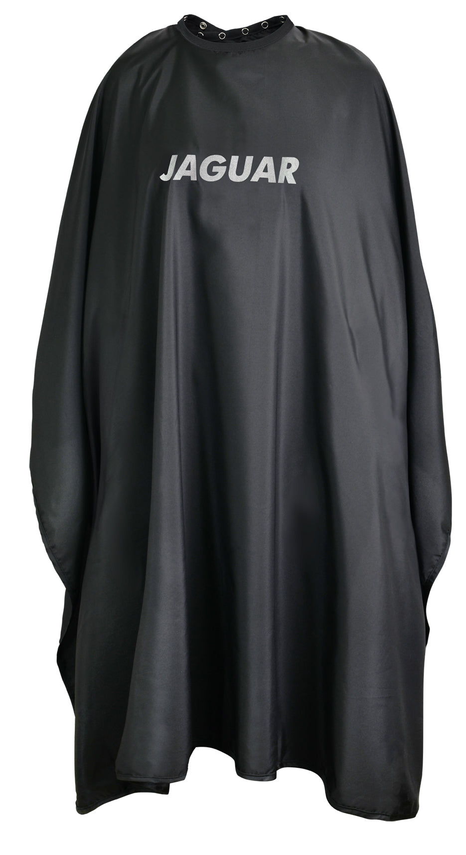 Black hairdressing cape with lettering.