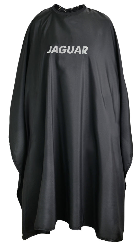 Black hairdressing cape with lettering.