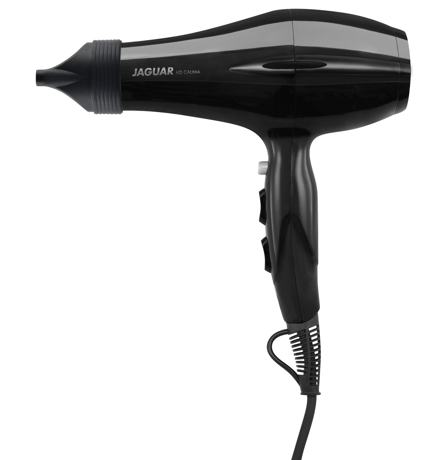 Black hair dryer, professional hairdressing tool.