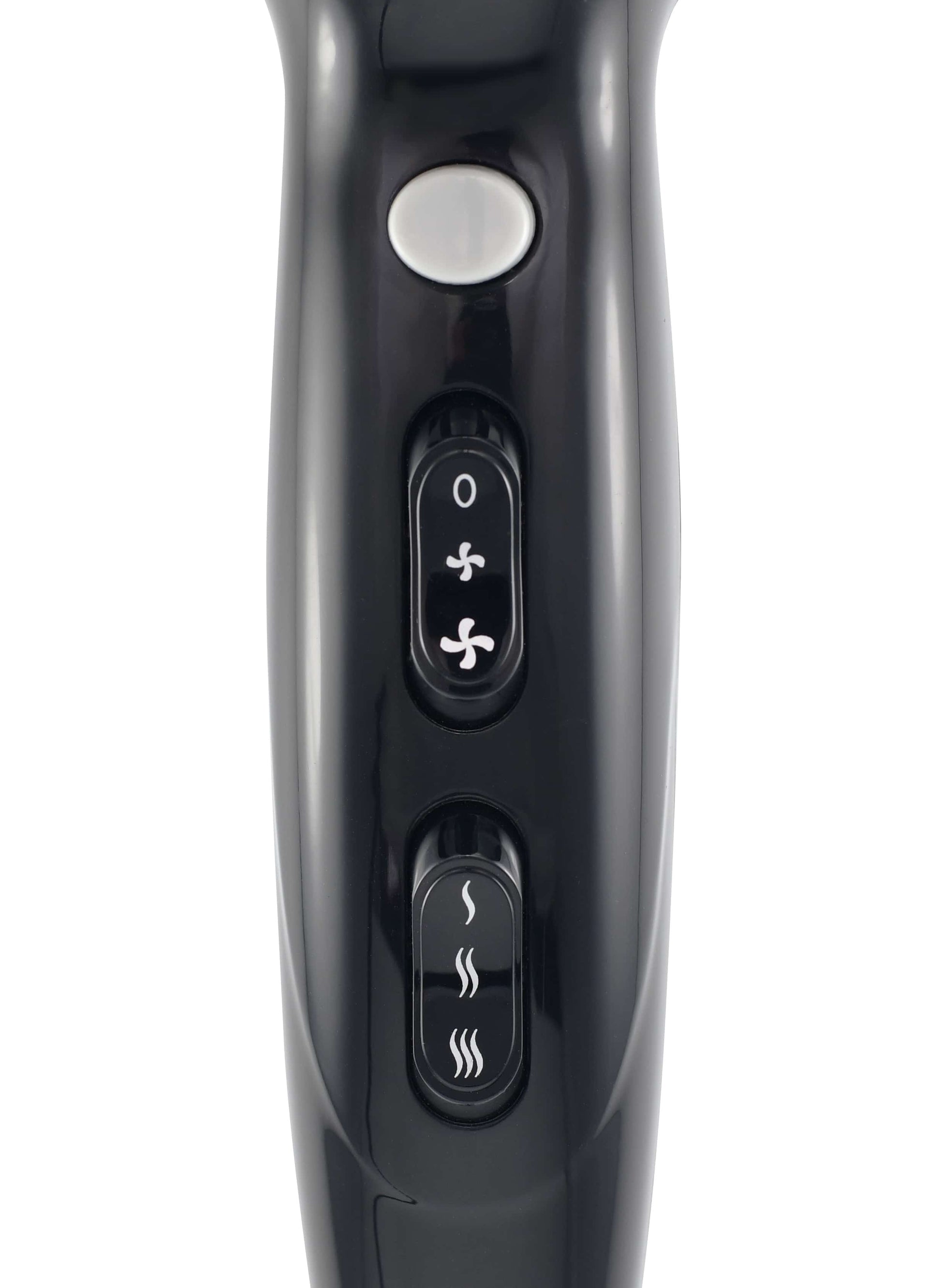 Black hair dryer, professional hairdressing tool.