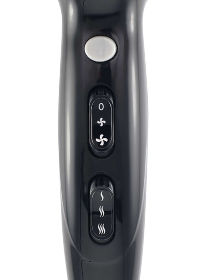 Black hair dryer, professional hairdressing tool.