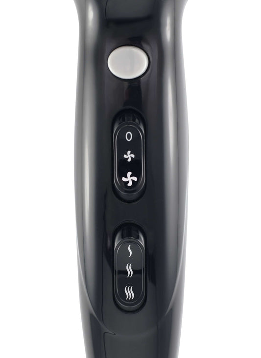 Black hair dryer, professional hairdressing tool.