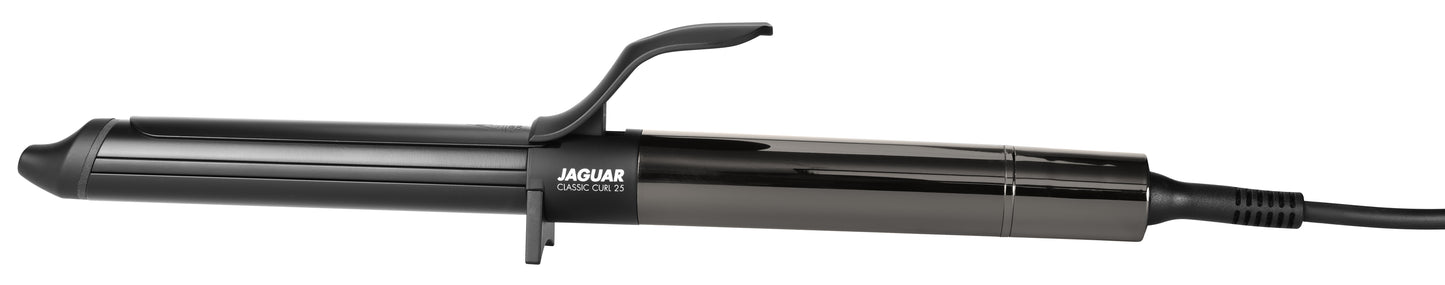 Curling iron with black handle.
