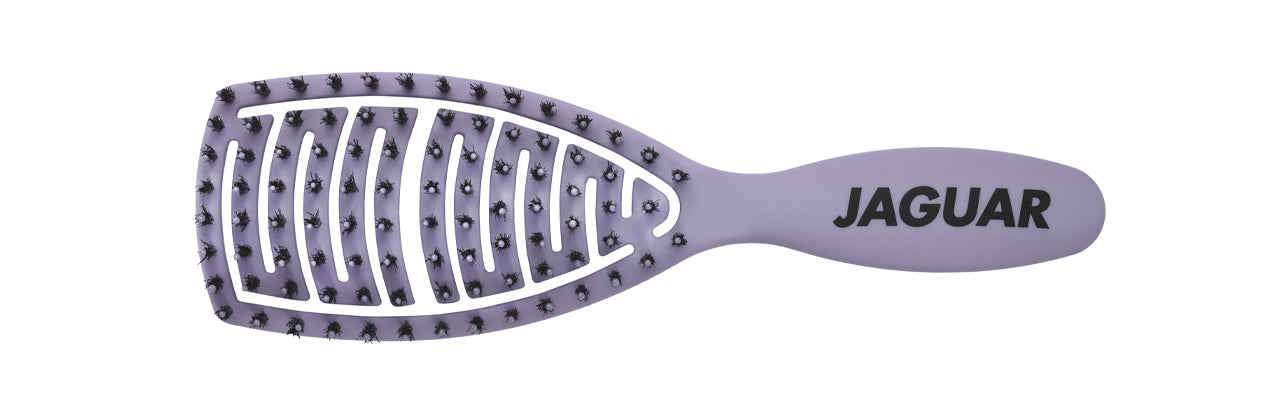 Purple hairbrush with black bristles.