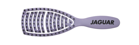 Purple hairbrush with black bristles.